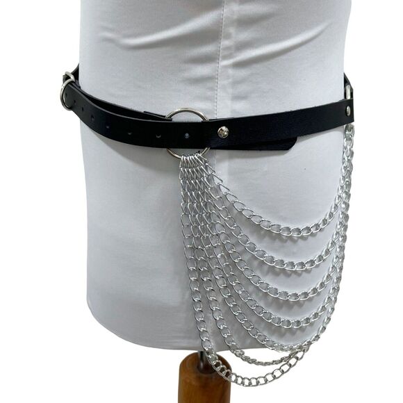Black Faux Leather Draped Chain Belt Goth Punk Alternative One Size (OS) ✨ - Picture 7 of 12